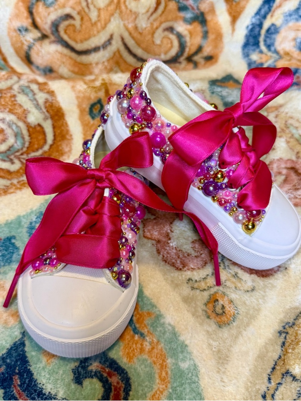 White Kids Sneakers with Hot Pink Satin Ribbon and Bead Embellishments